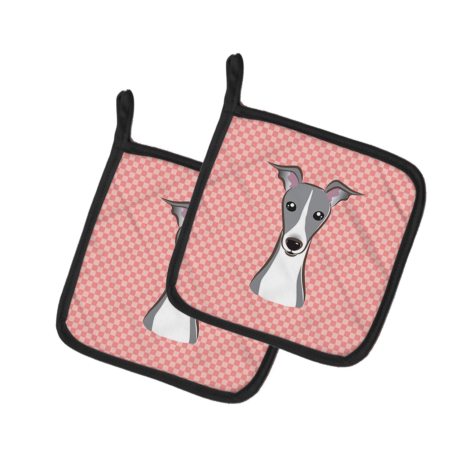 Checkerboard Pink Italian Greyhound Pot Holder Set of 2 Heat Resistant Quilted Hot Pads 7.5 x 7.5 Inch, Insulated Kitchen Trivets for Cooking & Baking