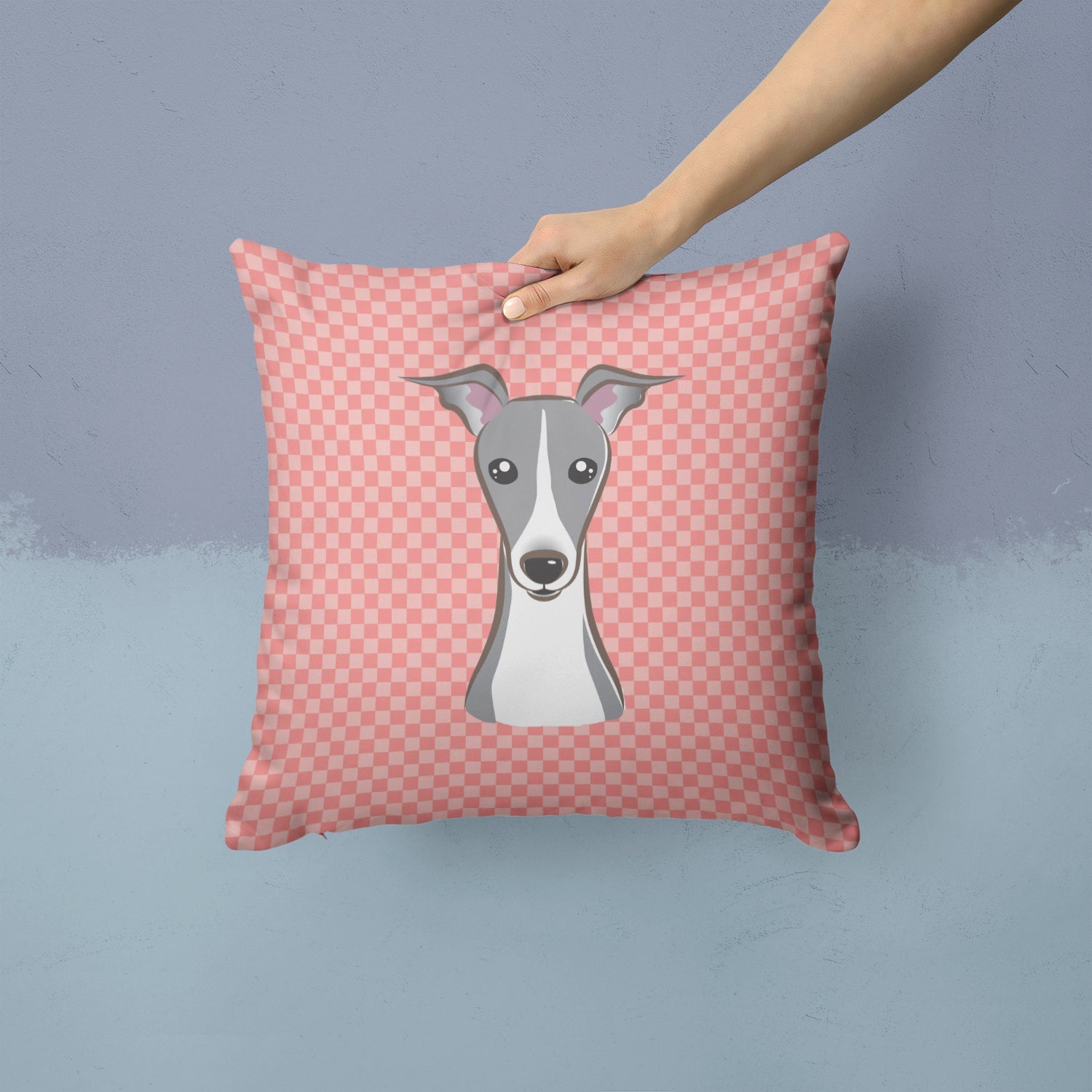 Checkerboard Pink Italian Greyhound Decorative Throw Pillow 14x14 Indoor Outdoor Accent Cushion, Fabric Cover with Insert for Sofa, Bed, Porch & Living Room
