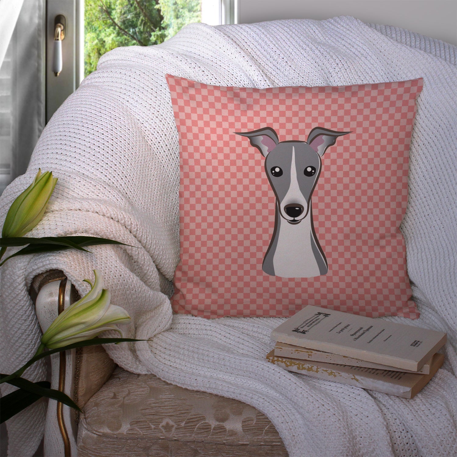 Checkerboard Pink Italian Greyhound Decorative Throw Pillow 14x14 Indoor Outdoor Accent Cushion, Fabric Cover with Insert for Sofa, Bed, Porch & Living Room