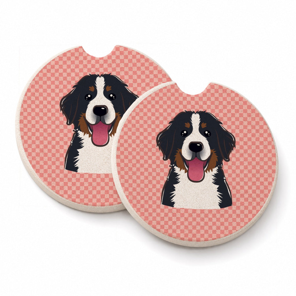Checkerboard Pink Bernese Mountain Dog Set of 2 Cup Holder Car Coasters Absorbent Round Sandstone Coasters Gifts for Men or Women, 2.5, Multicolor