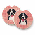 Checkerboard Pink Bernese Mountain Dog Set of 2 Cup Holder Car Coasters Absorbent Round Sandstone Coasters Gifts for Men or Women, 2.5, Multicolor