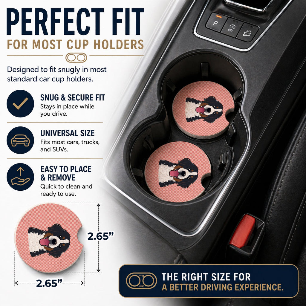 Checkerboard Pink Bernese Mountain Dog Set of 2 Cup Holder Car Coasters Absorbent Round Sandstone Coasters Gifts for Men or Women, 2.5, Multicolor