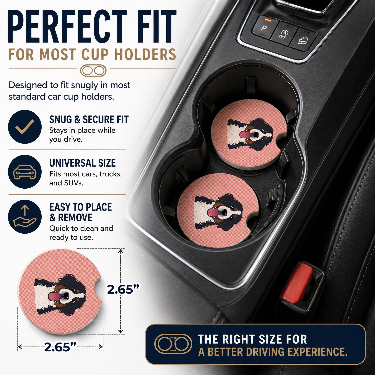 Checkerboard Pink Bernese Mountain Dog Set of 2 Cup Holder Car Coasters Absorbent Round Sandstone Coasters Gifts for Men or Women, 2.5, Multicolor