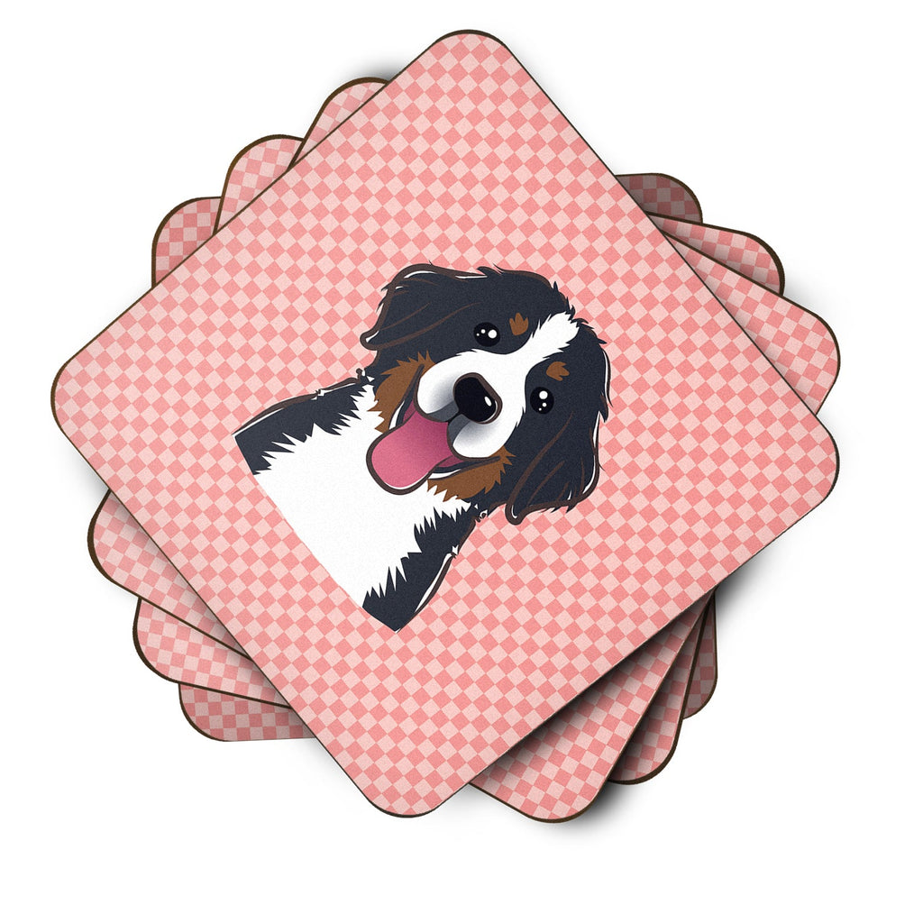 Checkerboard Pink Bernese Mountain Dog Foam Coasters Set of 4 Cup Coasters for Indoor Outdoor, Tabletop Protection, Anti Slip, Mouse pad Material