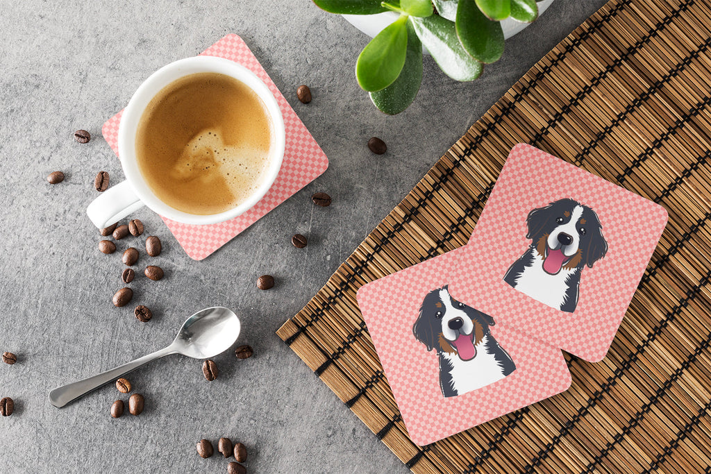 Checkerboard Pink Bernese Mountain Dog Foam Coasters Set of 4 Cup Coasters for Indoor Outdoor, Tabletop Protection, Anti Slip, Mouse pad Material