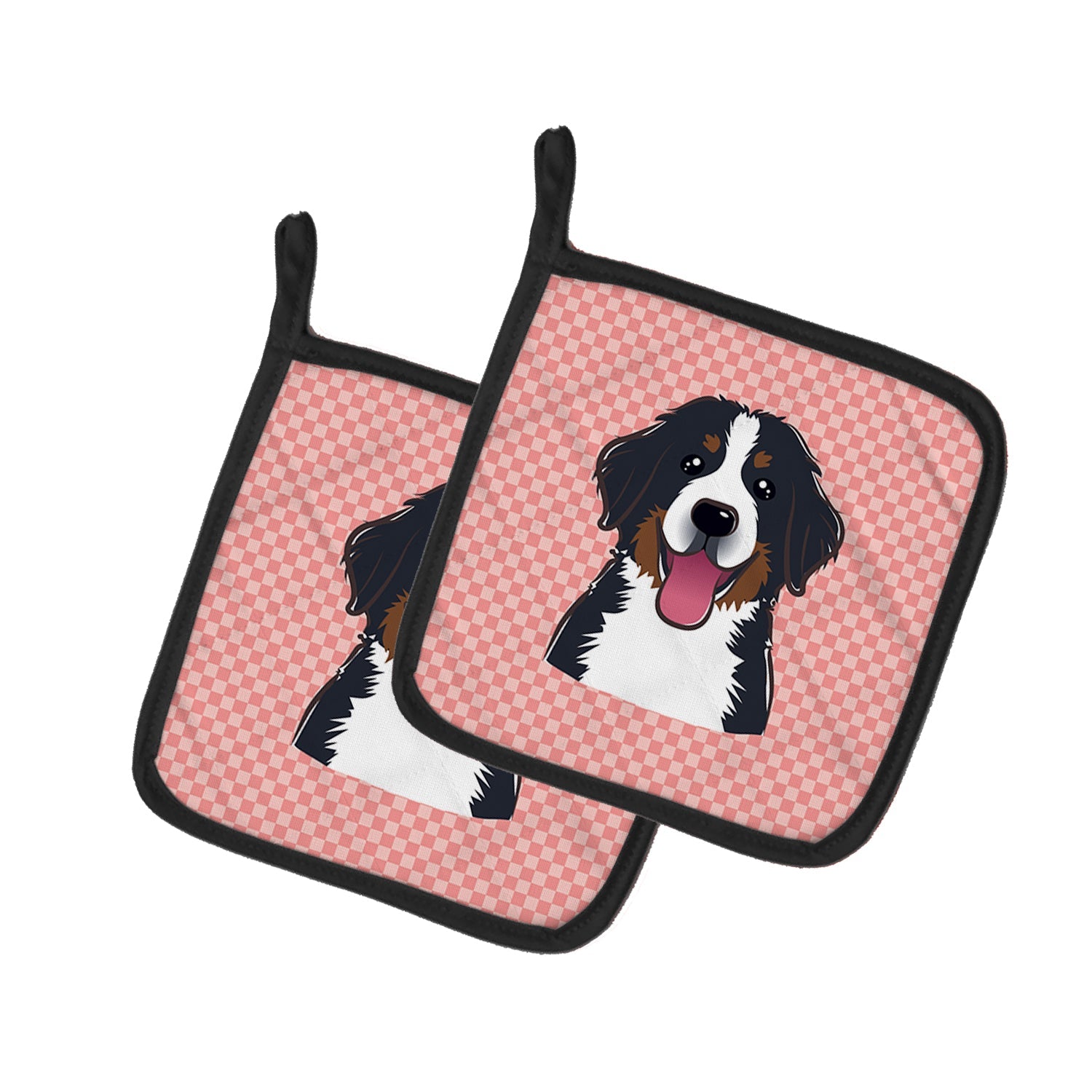 Checkerboard Pink Bernese Mountain Dog Pot Holder Set of 2 Heat Resistant Quilted Hot Pads 7.5 x 7.5 Inch, Insulated Kitchen Trivets for Cooking & Baking