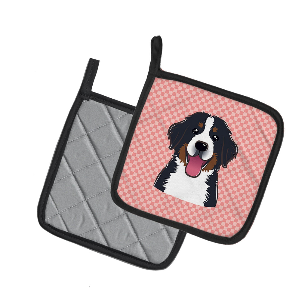 Checkerboard Pink Bernese Mountain Dog Pot Holder Set of 2 Heat Resistant Quilted Hot Pads 7.5 x 7.5 Inch, Insulated Kitchen Trivets for Cooking & Baking