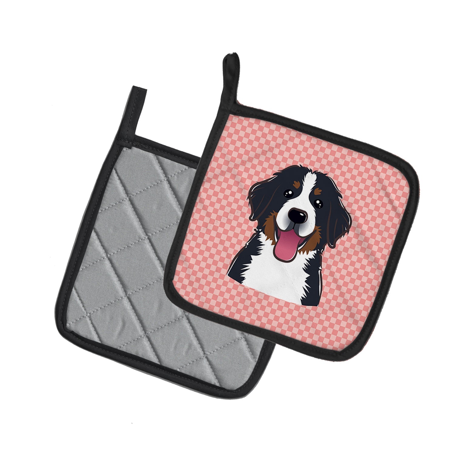Checkerboard Pink Bernese Mountain Dog Pot Holder Set of 2 Heat Resistant Quilted Hot Pads 7.5 x 7.5 Inch, Insulated Kitchen Trivets for Cooking & Baking