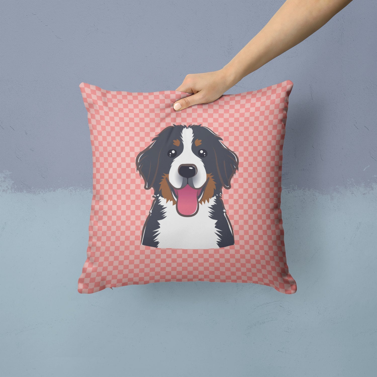 Checkerboard Pink Bernese Mountain Dog Decorative Throw Pillow 14x14 Indoor Outdoor Accent Cushion, Fabric Cover with Insert for Sofa, Bed, Porch & Living Room