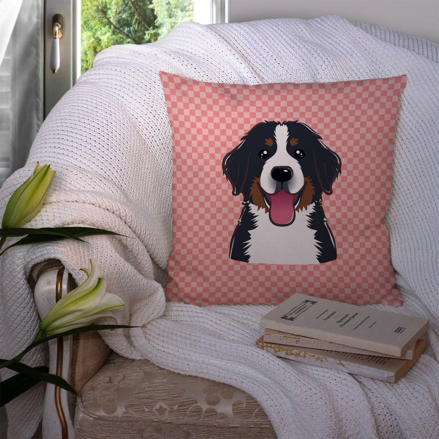 Checkerboard Pink Bernese Mountain Dog Decorative Throw Pillow 14x14 Indoor Outdoor Accent Cushion, Fabric Cover with Insert for Sofa, Bed, Porch & Living Room