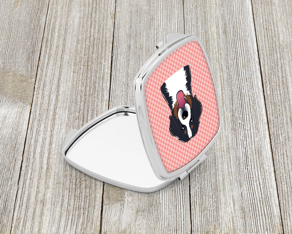 Checkerboard Pink Bernese Mountain Dog Compact Mirror Decorative Travel Makeup Mirror for Women Girls Gifts Pocket Makeup Mirror Folding Handheld