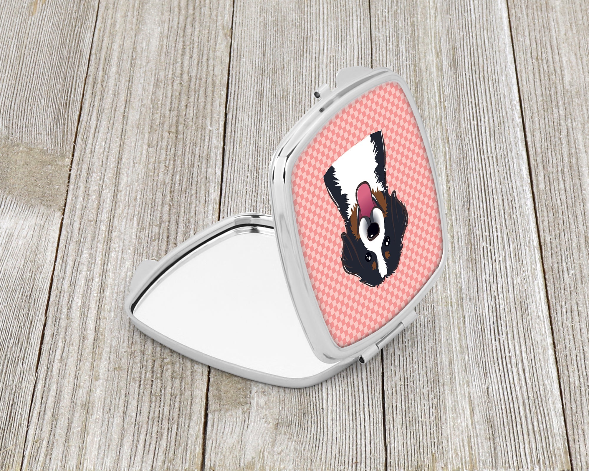Checkerboard Pink Bernese Mountain Dog Compact Mirror Decorative Travel Makeup Mirror for Women Girls Gifts Pocket Makeup Mirror Folding Handheld