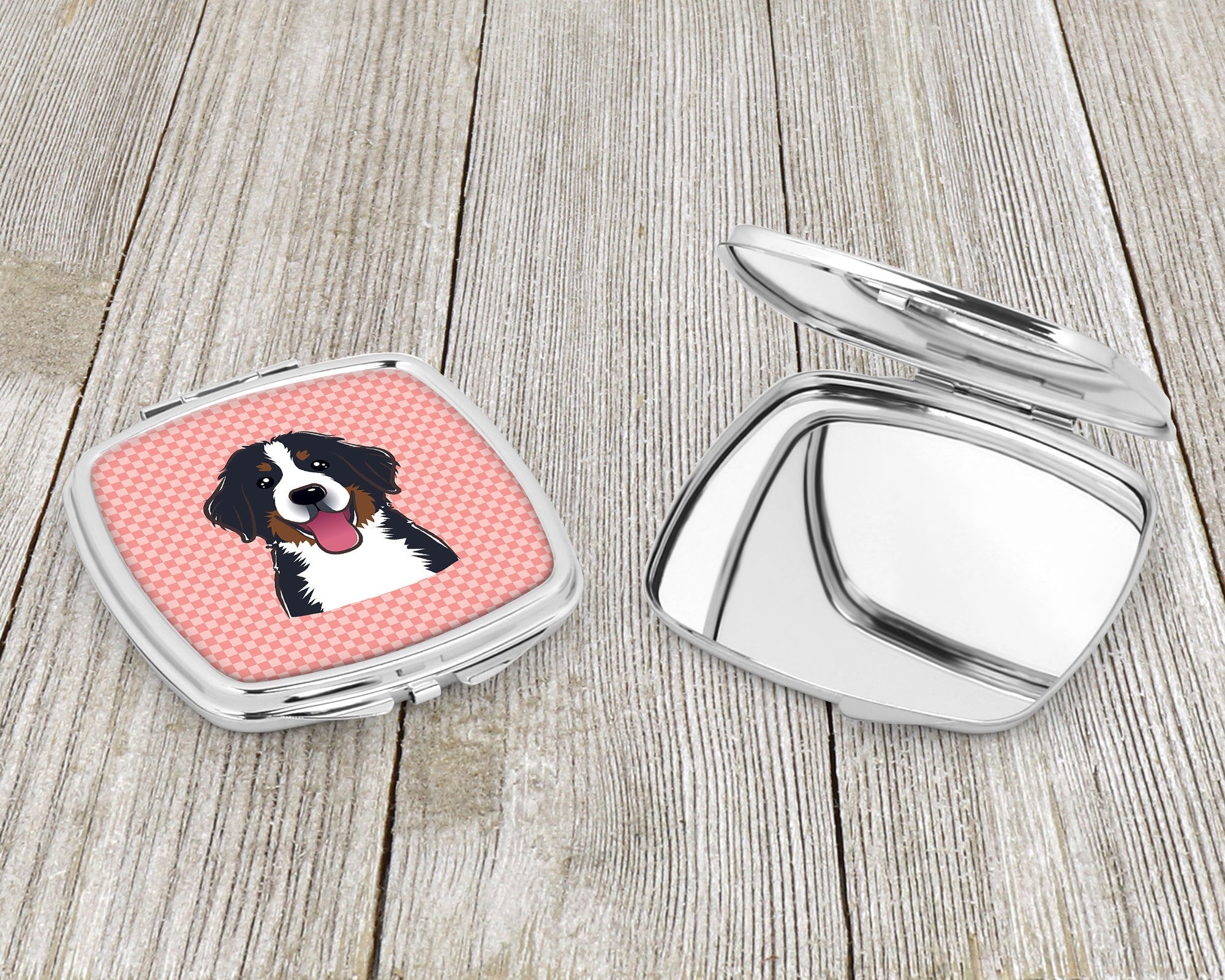 Checkerboard Pink Bernese Mountain Dog Compact Mirror Decorative Travel Makeup Mirror for Women Girls Gifts Pocket Makeup Mirror Folding Handheld