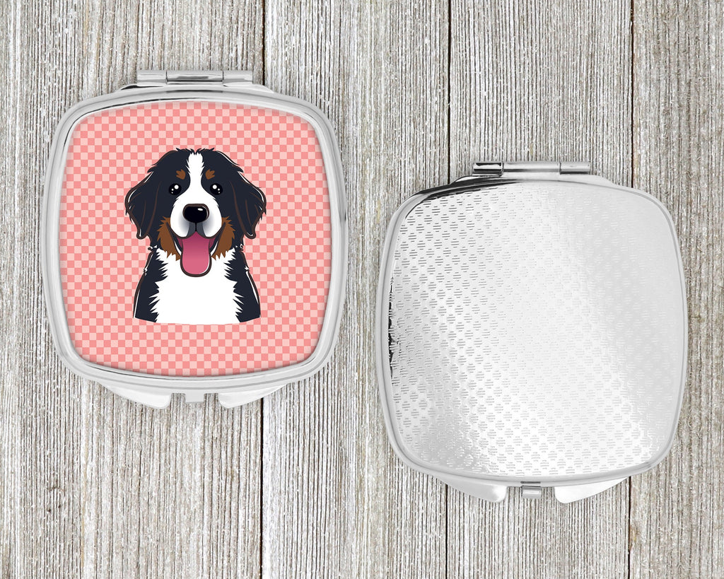 Checkerboard Pink Bernese Mountain Dog Compact Mirror Decorative Travel Makeup Mirror for Women Girls Gifts Pocket Makeup Mirror Folding Handheld