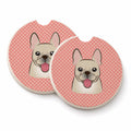 Checkerboard Pink French Bulldog Set of 2 Cup Holder Car Coasters Absorbent Round Sandstone Coasters Gifts for Men or Women, 2.5, Multicolor