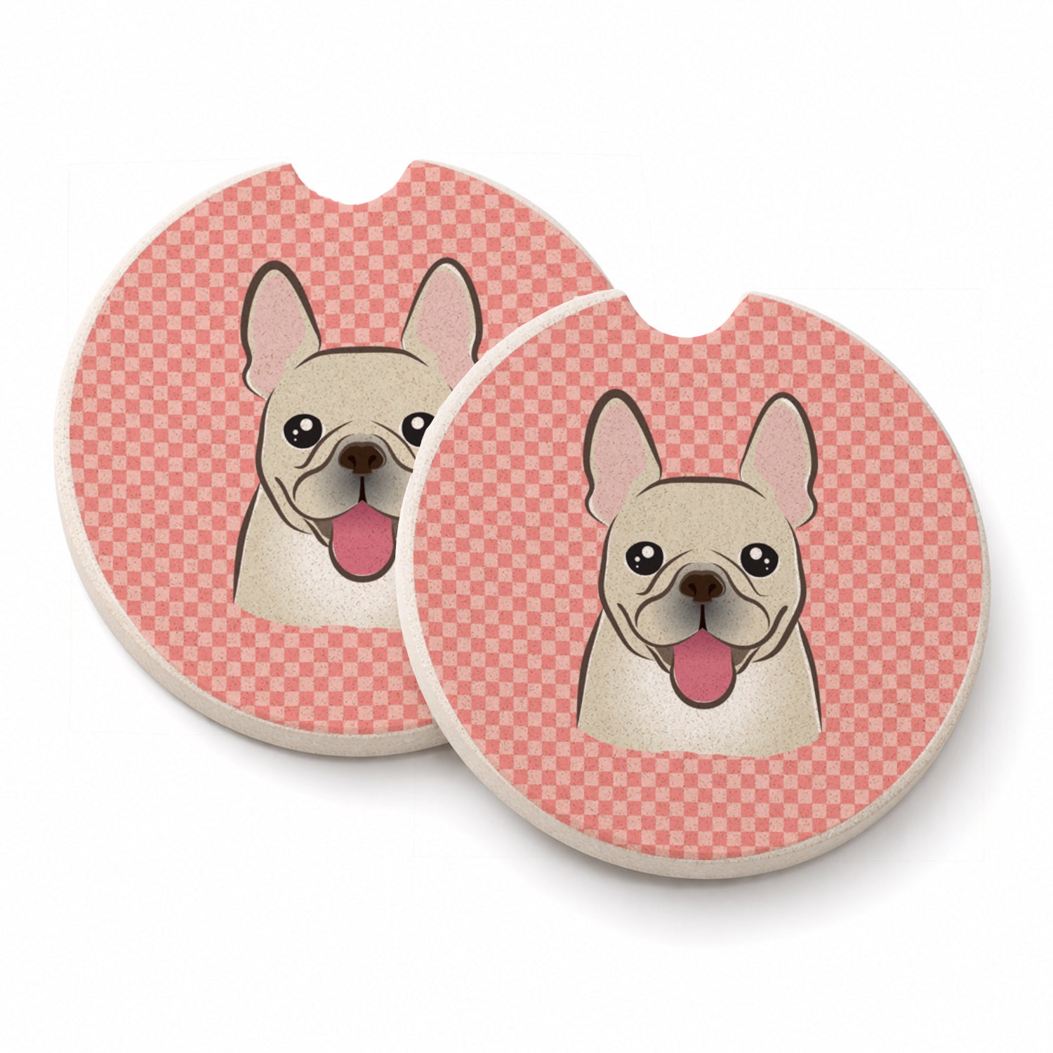 Checkerboard Pink French Bulldog Set of 2 Cup Holder Car Coasters Absorbent Round Sandstone Coasters Gifts for Men or Women, 2.5, Multicolor