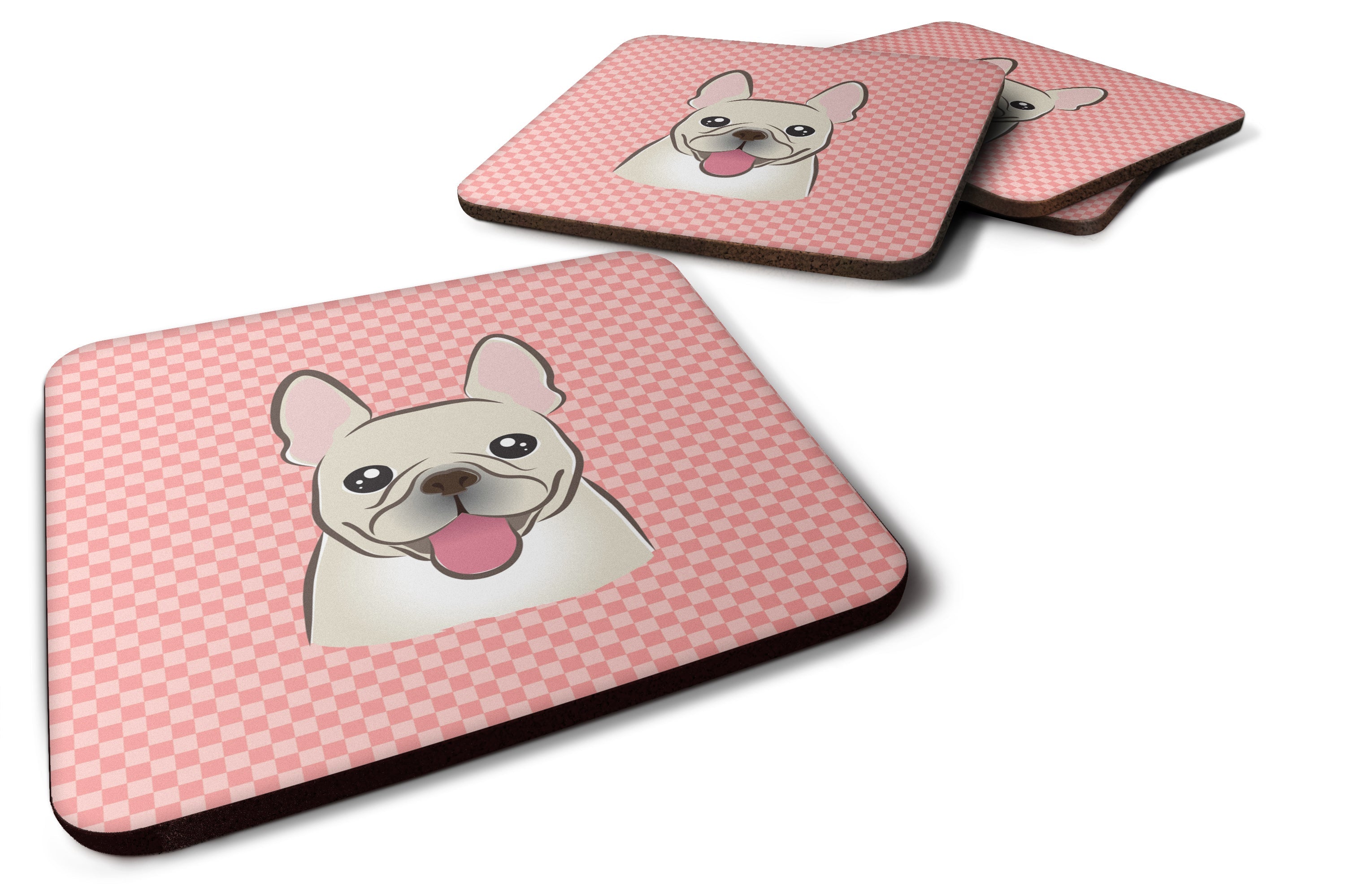 Checkerboard Pink French Bulldog Foam Coasters Set of 4 Cup Coasters for Indoor Outdoor, Tabletop Protection, Anti Slip, Mouse pad Material