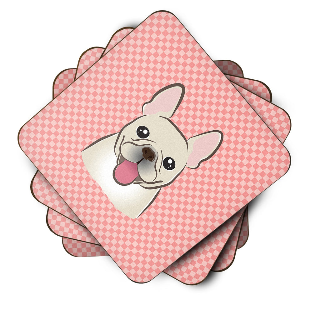 Checkerboard Pink French Bulldog Foam Coasters Set of 4 Cup Coasters for Indoor Outdoor, Tabletop Protection, Anti Slip, Mouse pad Material