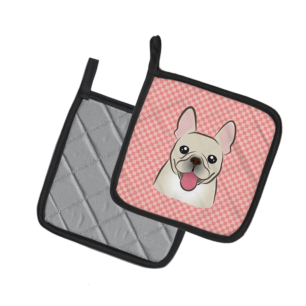 Checkerboard Pink French Bulldog Pot Holder Set of 2 Heat Resistant Quilted Hot Pads 7.5 x 7.5 Inch, Insulated Kitchen Trivets for Cooking & Baking