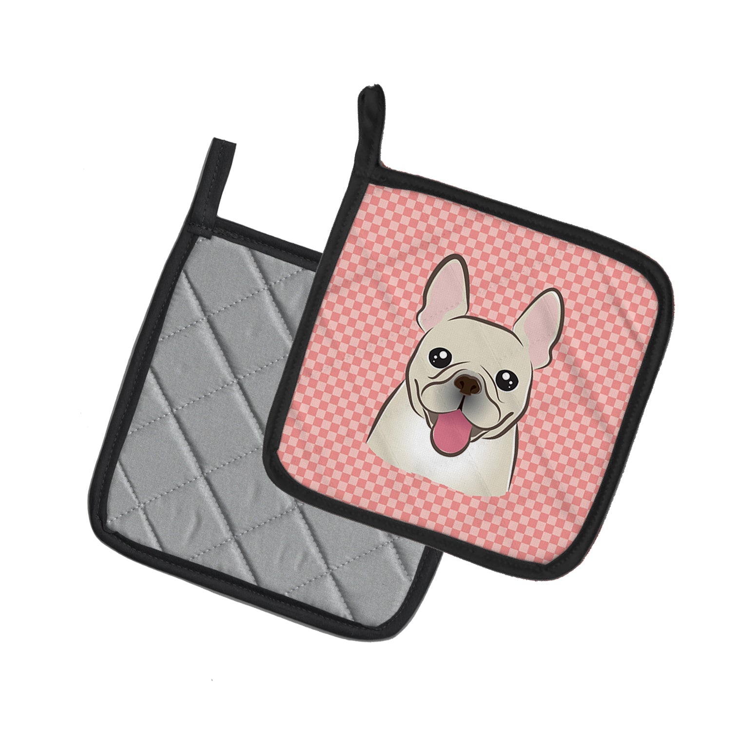 Checkerboard Pink French Bulldog Pot Holder Set of 2 Heat Resistant Quilted Hot Pads 7.5 x 7.5 Inch, Insulated Kitchen Trivets for Cooking & Baking