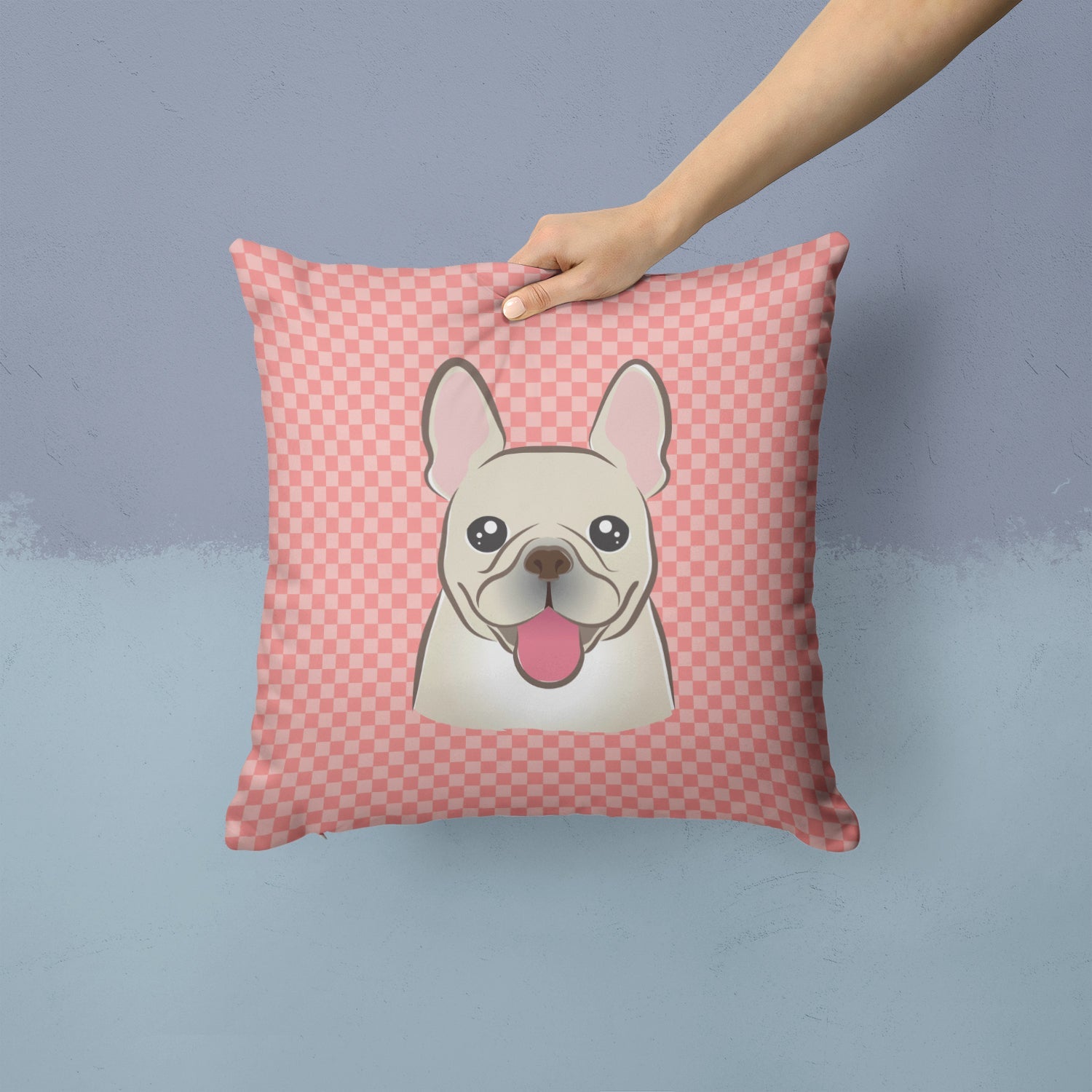 Checkerboard Pink French Bulldog Decorative Throw Pillow 14x14 Indoor Outdoor Accent Cushion, Fabric Cover with Insert for Sofa, Bed, Porch & Living Room