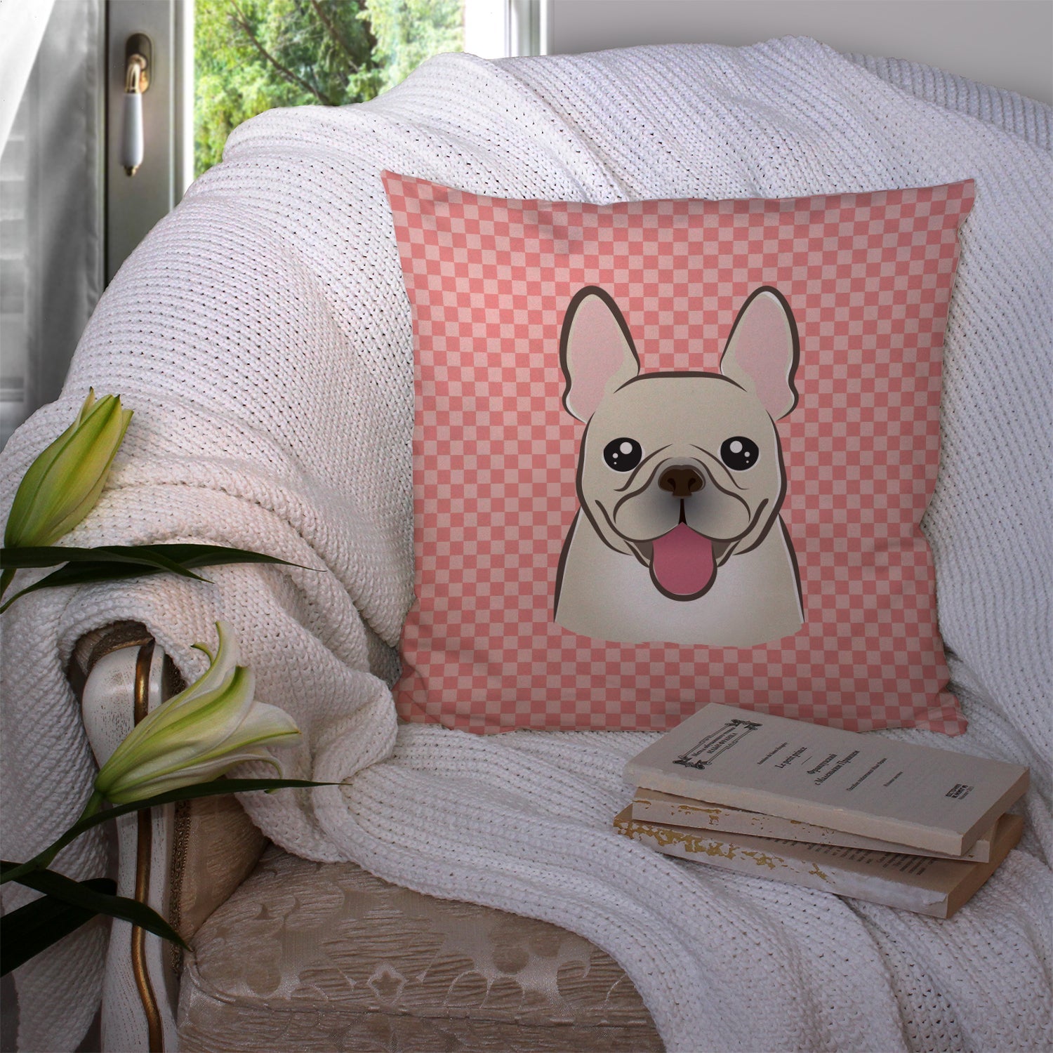 Checkerboard Pink French Bulldog Decorative Throw Pillow 14x14 Indoor Outdoor Accent Cushion, Fabric Cover with Insert for Sofa, Bed, Porch & Living Room