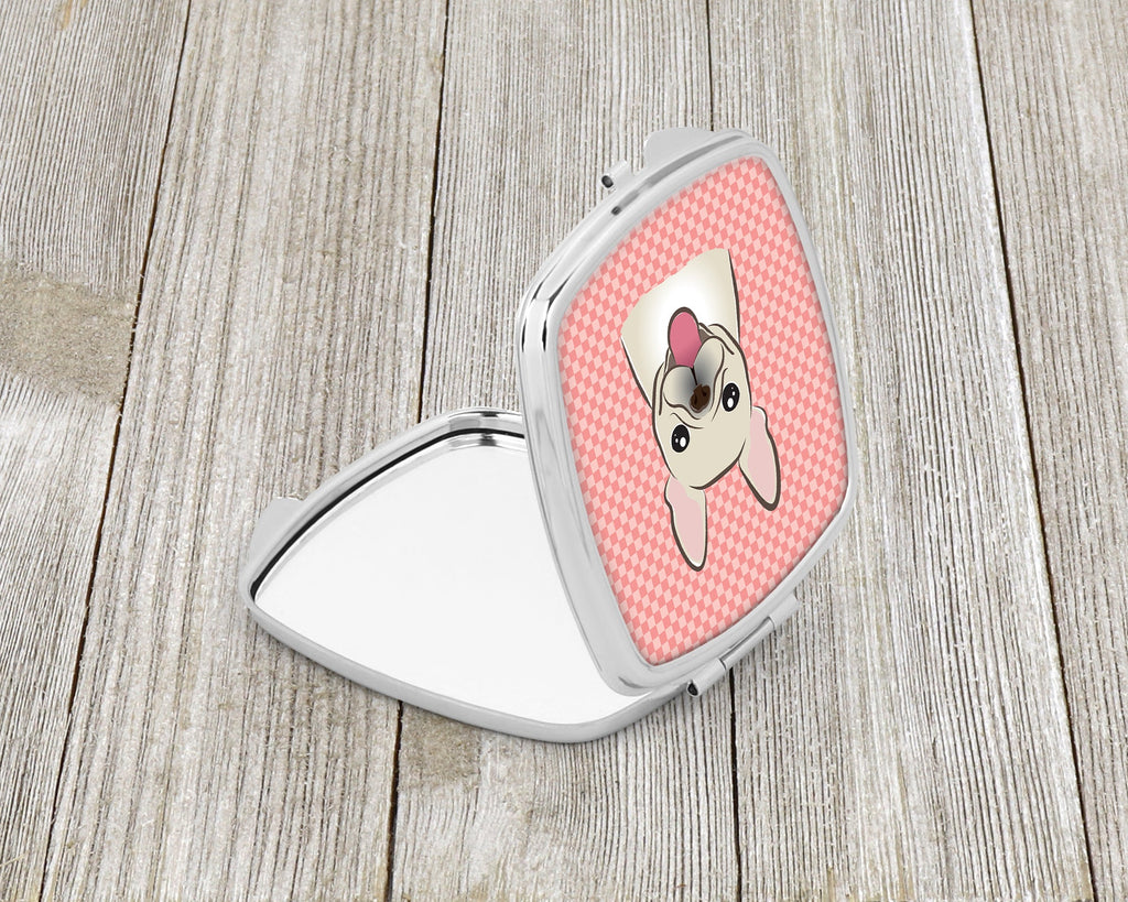 Checkerboard Pink French Bulldog Compact Mirror Decorative Travel Makeup Mirror for Women Girls Gifts Pocket Makeup Mirror Folding Handheld