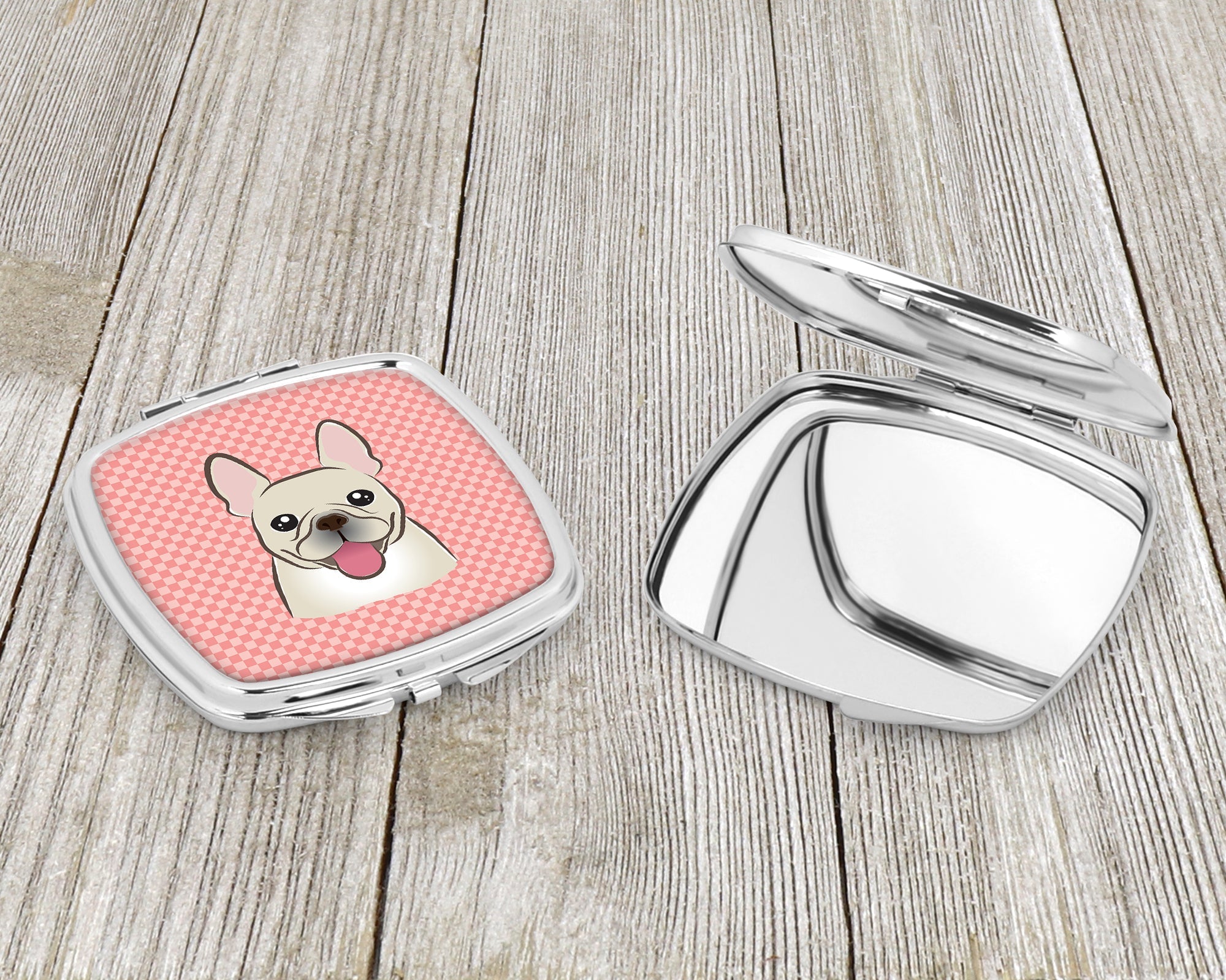 Checkerboard Pink French Bulldog Compact Mirror Decorative Travel Makeup Mirror for Women Girls Gifts Pocket Makeup Mirror Folding Handheld