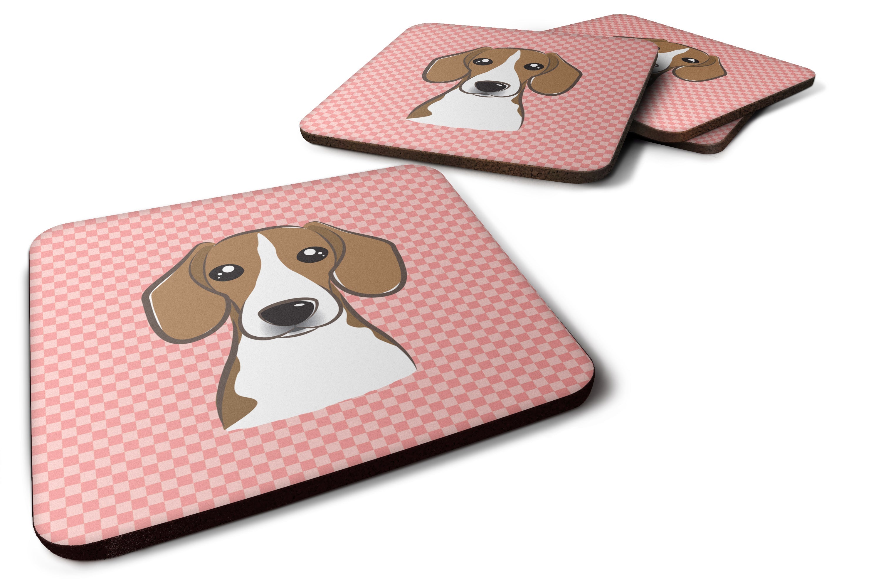 Checkerboard Pink Beagle Foam Coasters Set of 4 Cup Coasters for Indoor Outdoor, Tabletop Protection, Anti Slip, Mouse pad Material