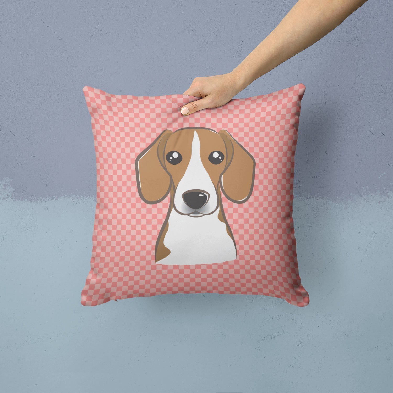 Checkerboard Pink Beagle Decorative Throw Pillow 14x14 Indoor Outdoor Accent Cushion, Fabric Cover with Insert for Sofa, Bed, Porch & Living Room