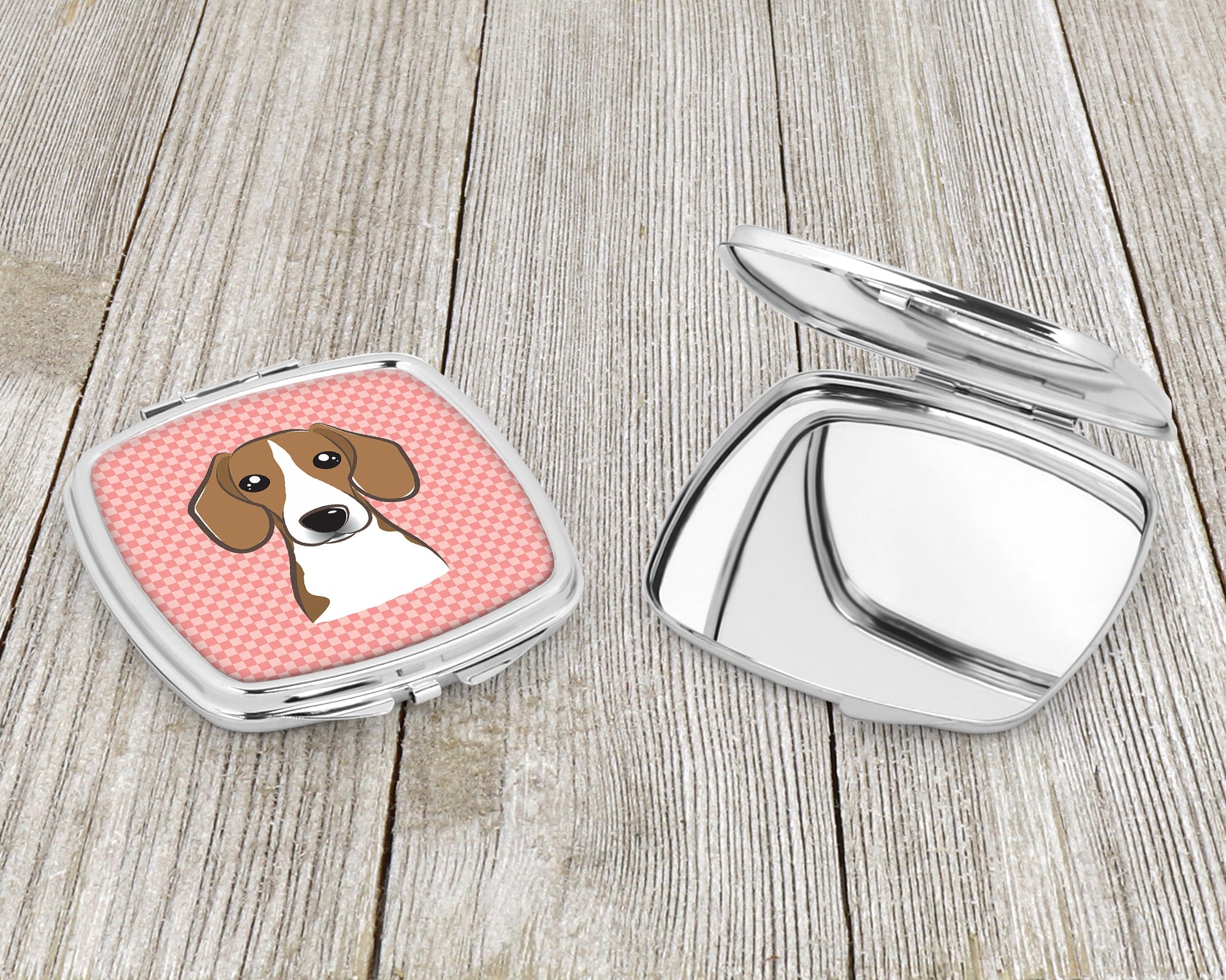 Checkerboard Pink Beagle Compact Mirror Decorative Travel Makeup Mirror for Women Girls Gifts Pocket Makeup Mirror Folding Handheld