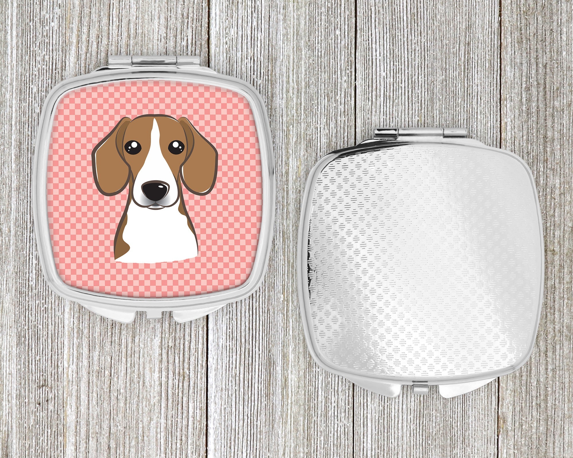 Checkerboard Pink Beagle Compact Mirror Decorative Travel Makeup Mirror for Women Girls Gifts Pocket Makeup Mirror Folding Handheld