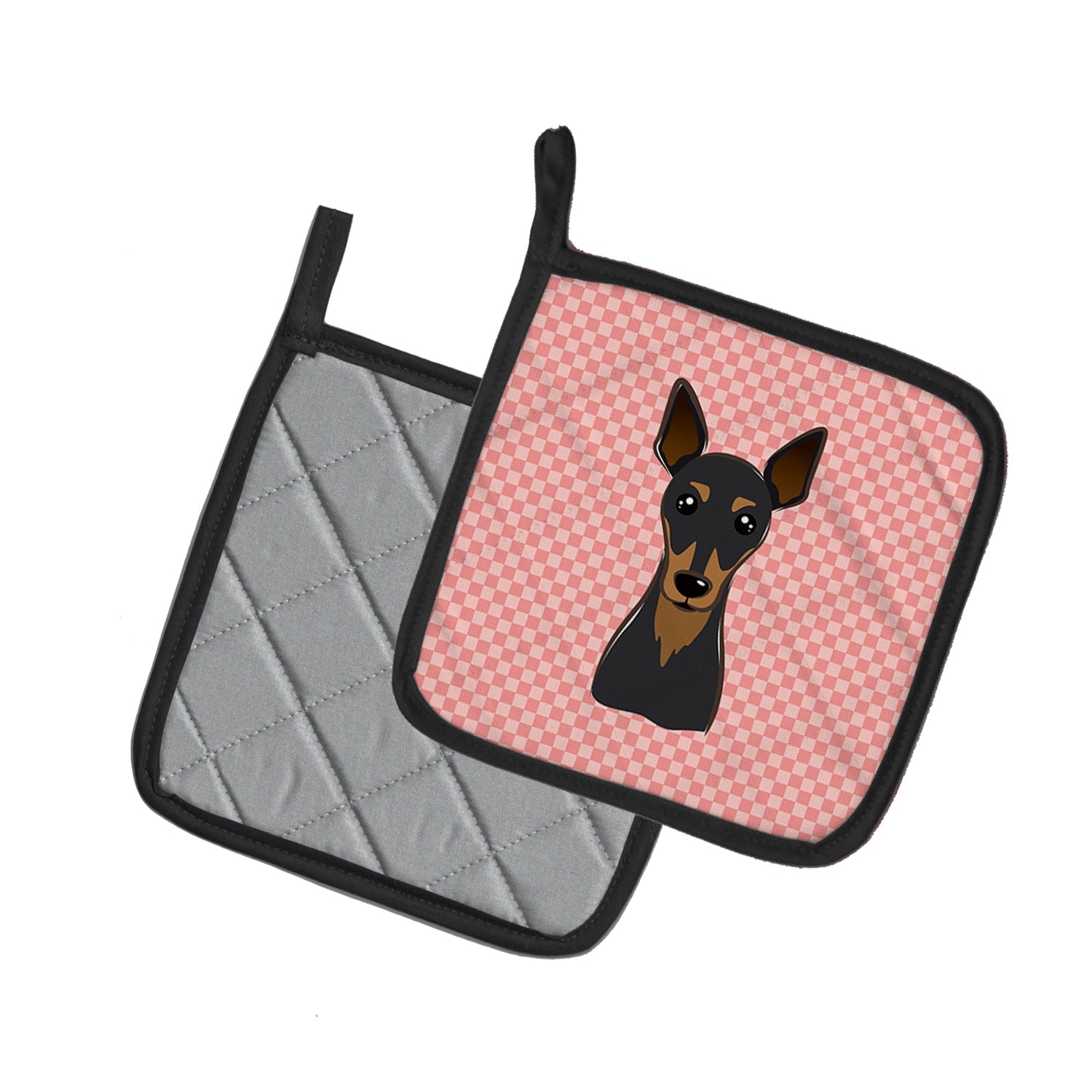 Checkerboard Pink Min Pin Pot Holder Set of 2 Heat Resistant Quilted Hot Pads 7.5 x 7.5 Inch, Insulated Kitchen Trivets for Cooking & Baking