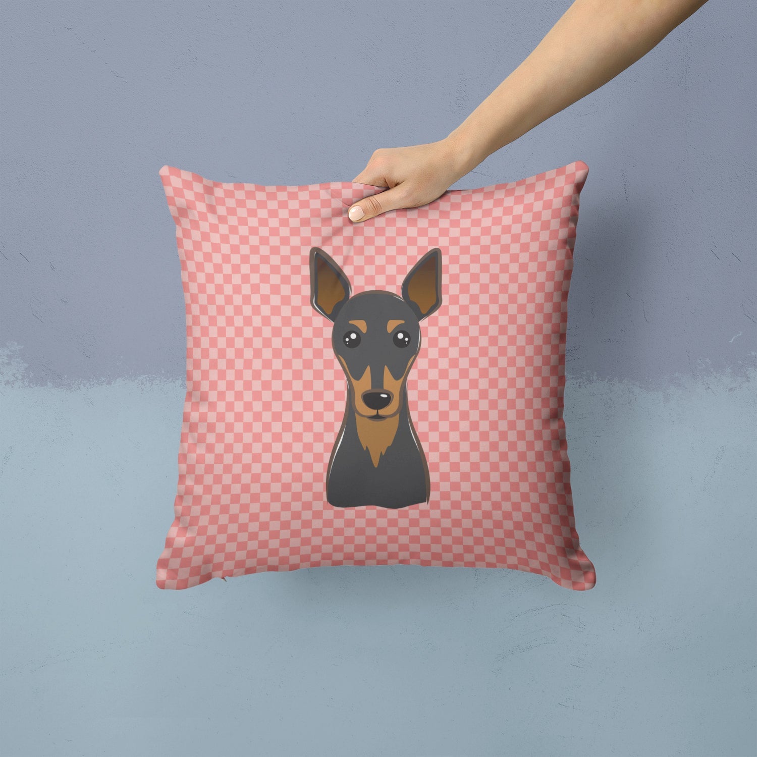 Checkerboard Pink Min Pin Decorative Throw Pillow 14x14 Indoor Outdoor Accent Cushion, Fabric Cover with Insert for Sofa, Bed, Porch & Living Room