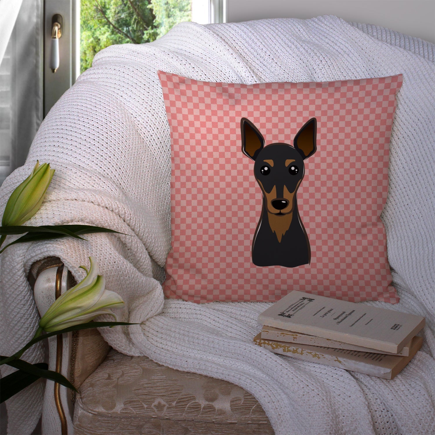 Checkerboard Pink Min Pin Decorative Throw Pillow 14x14 Indoor Outdoor Accent Cushion, Fabric Cover with Insert for Sofa, Bed, Porch & Living Room
