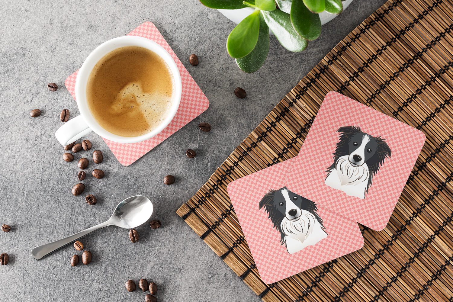 Checkerboard Pink Border Collie Foam Coasters Set of 4 Cup Coasters for Indoor Outdoor, Tabletop Protection, Anti Slip, Mouse pad Material