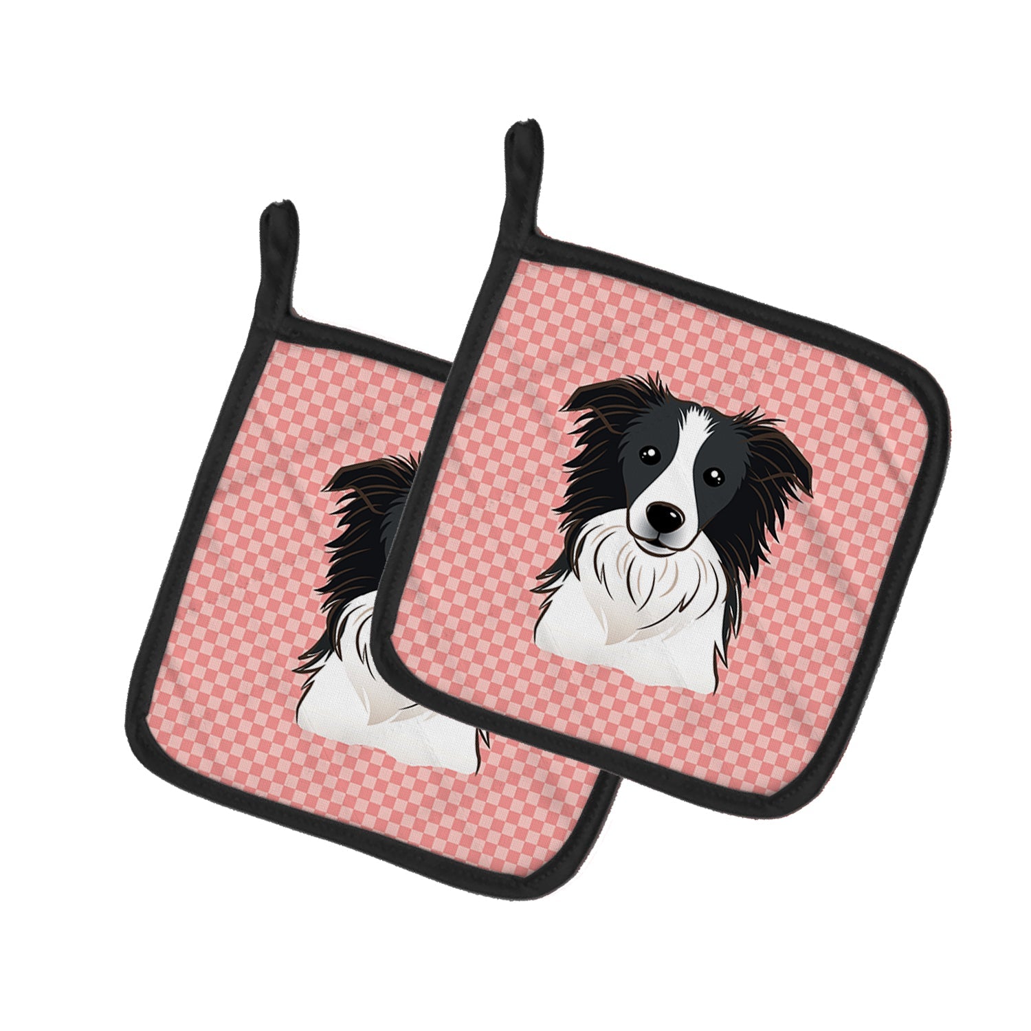Checkerboard Pink Border Collie Pot Holder Set of 2 Heat Resistant Quilted Hot Pads 7.5 x 7.5 Inch, Insulated Kitchen Trivets for Cooking & Baking