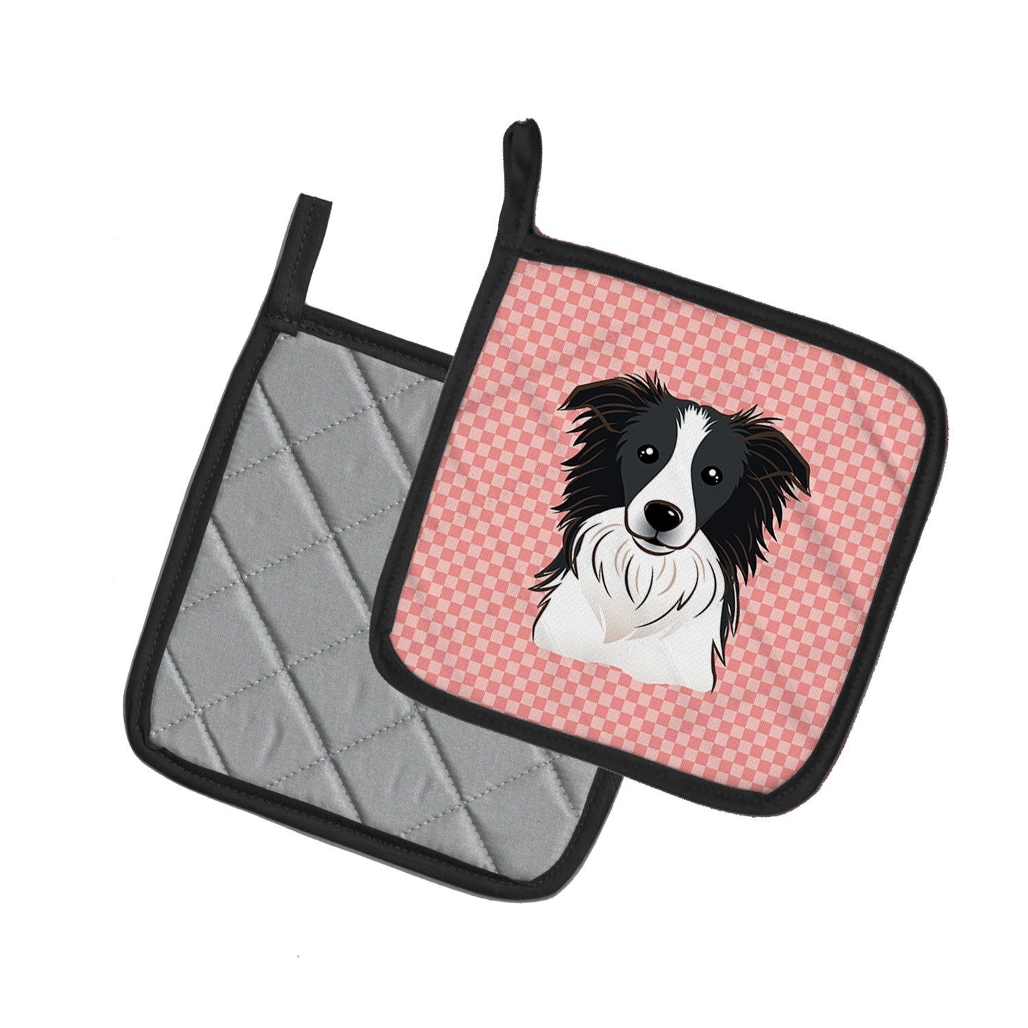 Checkerboard Pink Border Collie Pot Holder Set of 2 Heat Resistant Quilted Hot Pads 7.5 x 7.5 Inch, Insulated Kitchen Trivets for Cooking & Baking