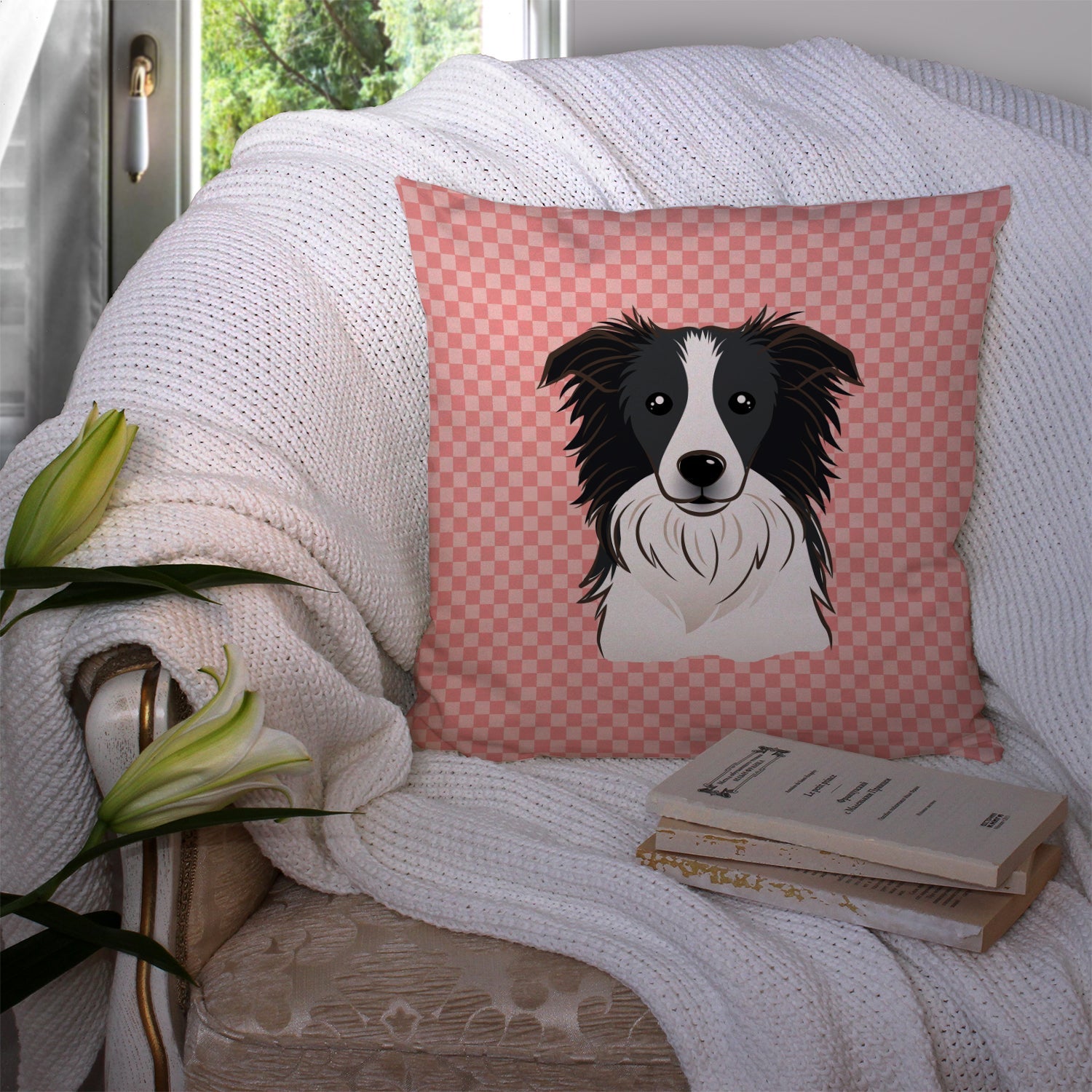 Checkerboard Pink Border Collie Decorative Throw Pillow 14x14 Indoor Outdoor Accent Cushion, Fabric Cover with Insert for Sofa, Bed, Porch & Living Room