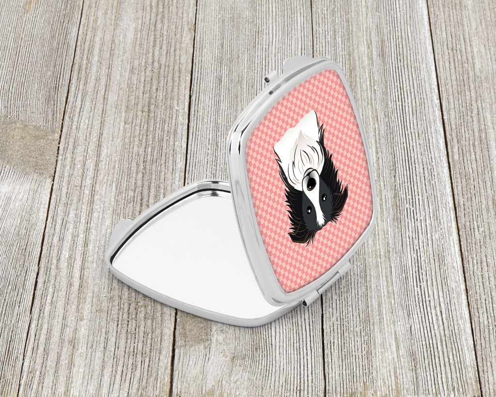 Checkerboard Pink Border Collie Compact Mirror Decorative Travel Makeup Mirror for Women Girls Gifts Pocket Makeup Mirror Folding Handheld