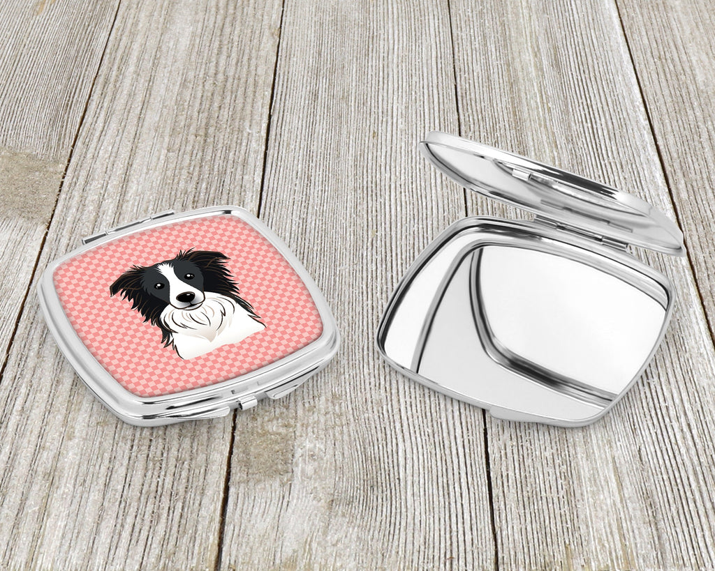 Checkerboard Pink Border Collie Compact Mirror Decorative Travel Makeup Mirror for Women Girls Gifts Pocket Makeup Mirror Folding Handheld