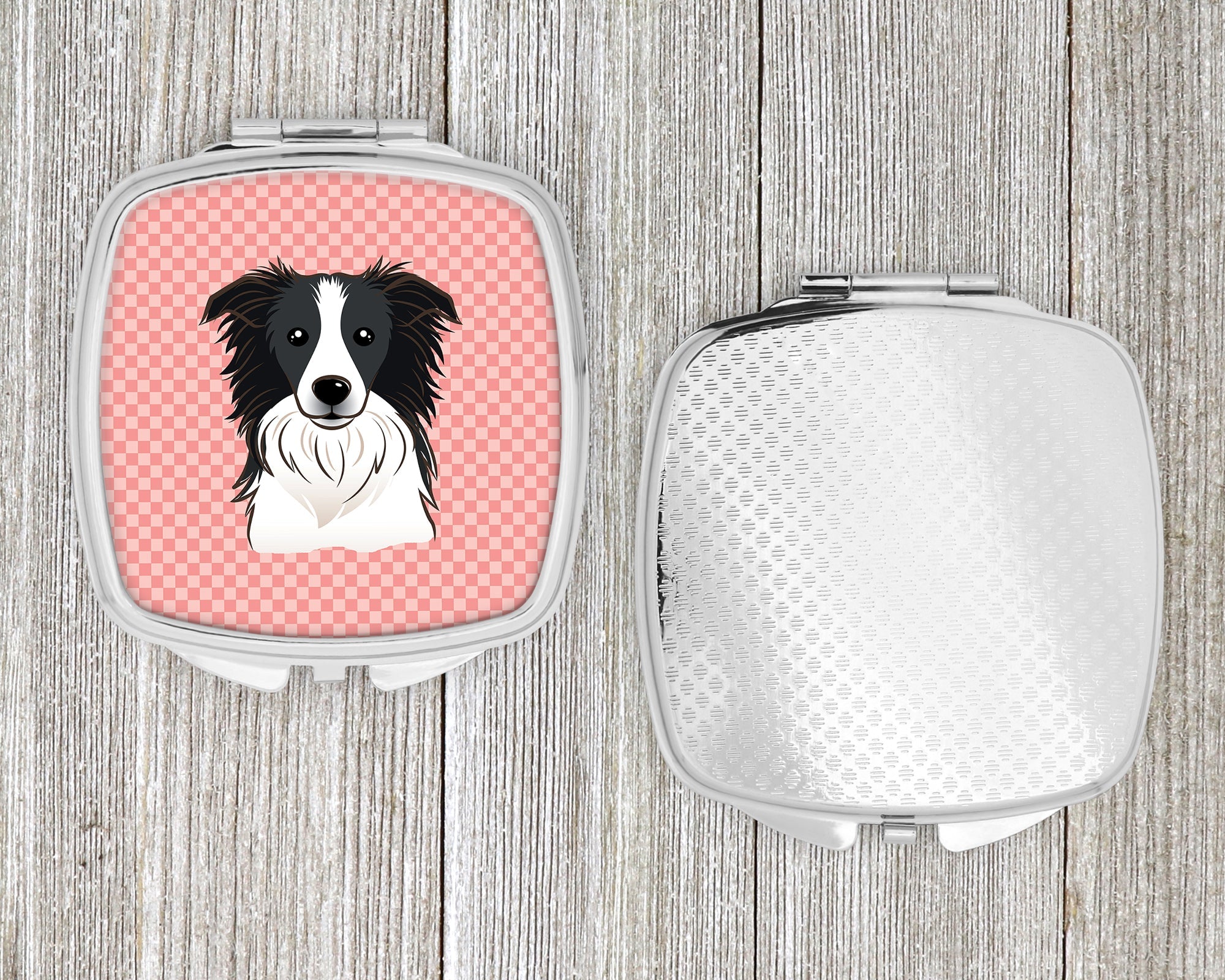 Checkerboard Pink Border Collie Compact Mirror Decorative Travel Makeup Mirror for Women Girls Gifts Pocket Makeup Mirror Folding Handheld