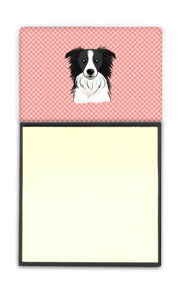 Checkerboard Pink Border Collie Watercolor Sticky Note Holder Refillable Dispenser Desk Accessory 3x3 Pad Gift