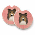 Checkerboard Pink Sheltie Set of 2 Cup Holder Car Coasters Absorbent Round Sandstone Coasters Gifts for Men or Women, 2.5, Multicolor