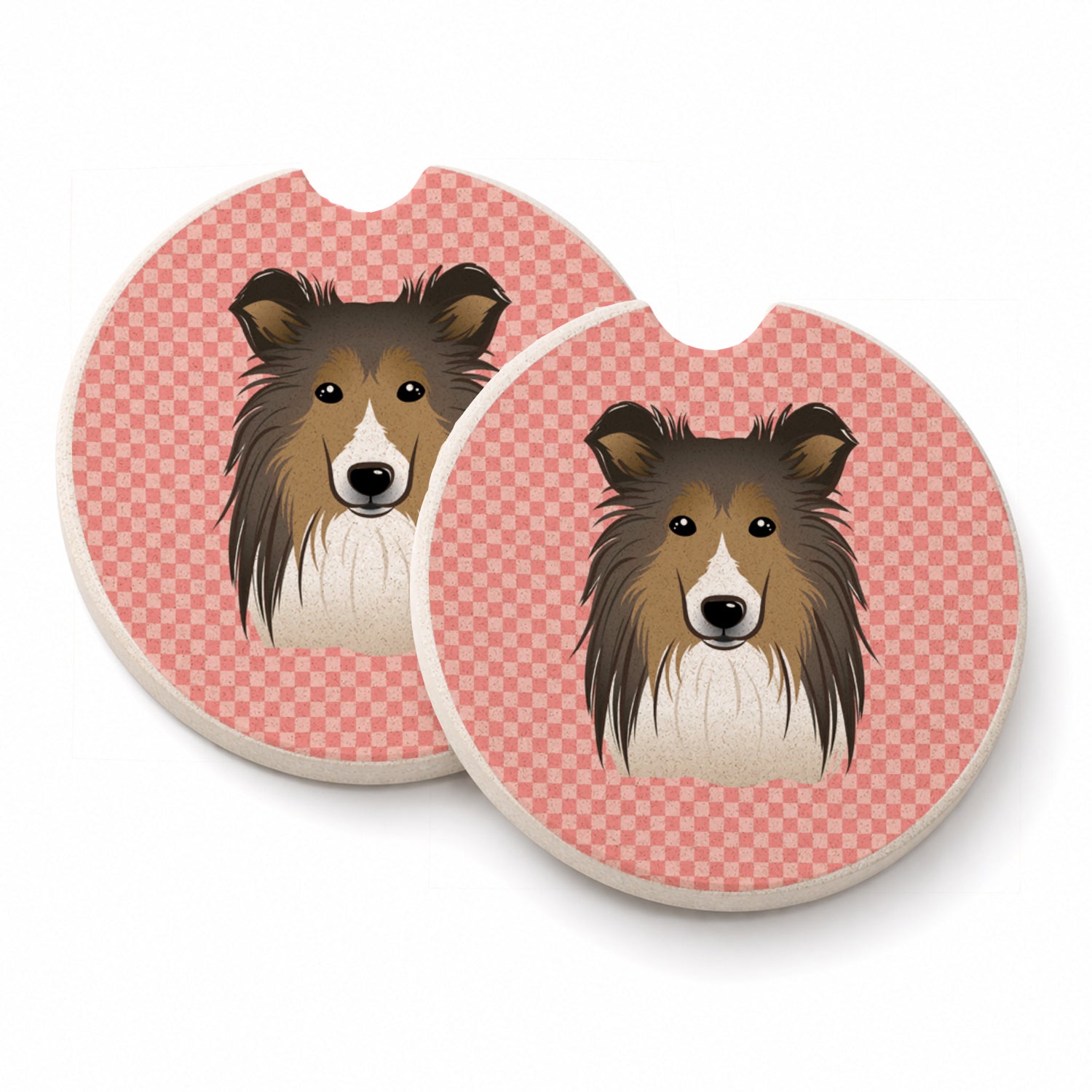 Checkerboard Pink Sheltie Set of 2 Cup Holder Car Coasters Absorbent Round Sandstone Coasters Gifts for Men or Women, 2.5, Multicolor