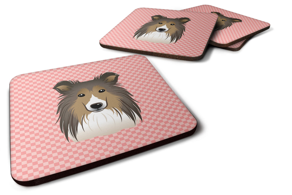 Checkerboard Pink Sheltie Foam Coasters Set of 4 Cup Coasters for Indoor Outdoor, Tabletop Protection, Anti Slip, Mouse pad Material