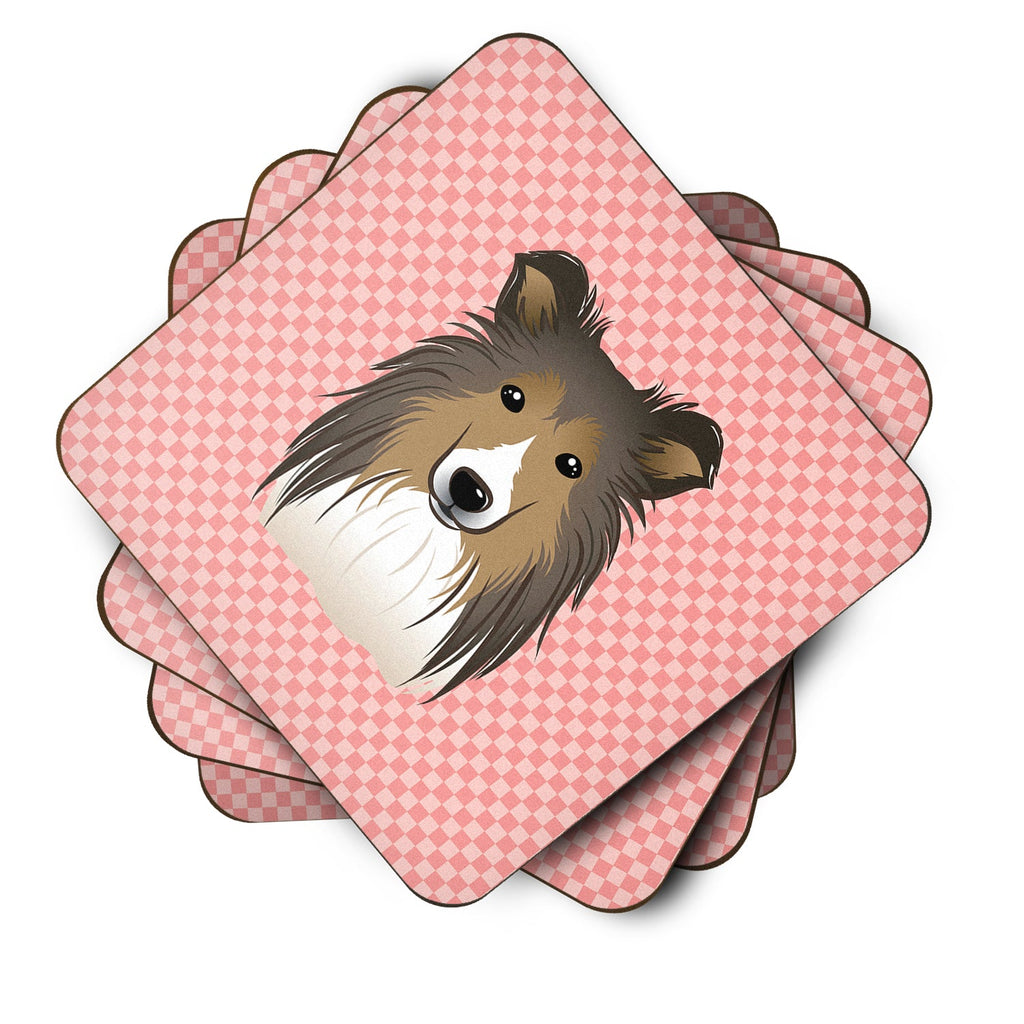 Checkerboard Pink Sheltie Foam Coasters Set of 4 Cup Coasters for Indoor Outdoor, Tabletop Protection, Anti Slip, Mouse pad Material