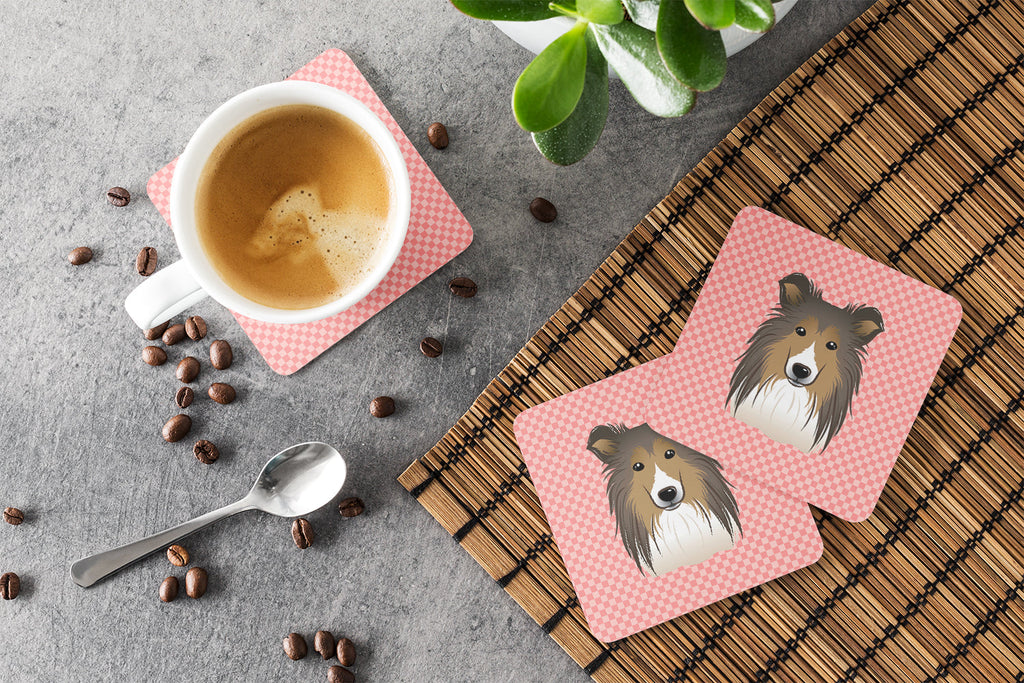 Checkerboard Pink Sheltie Foam Coasters Set of 4 Cup Coasters for Indoor Outdoor, Tabletop Protection, Anti Slip, Mouse pad Material
