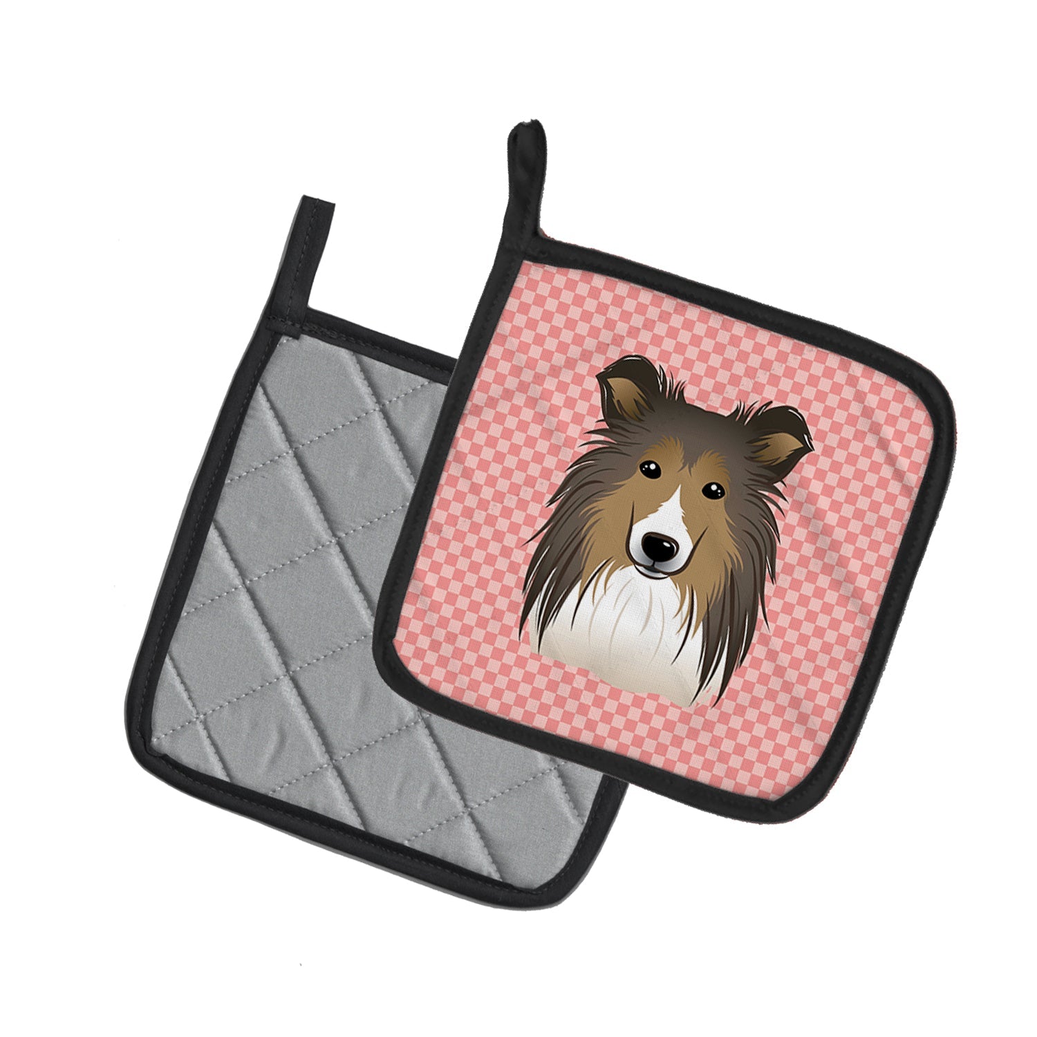 Checkerboard Pink Sheltie Pot Holder Set of 2 Heat Resistant Quilted Hot Pads 7.5 x 7.5 Inch, Insulated Kitchen Trivets for Cooking & Baking
