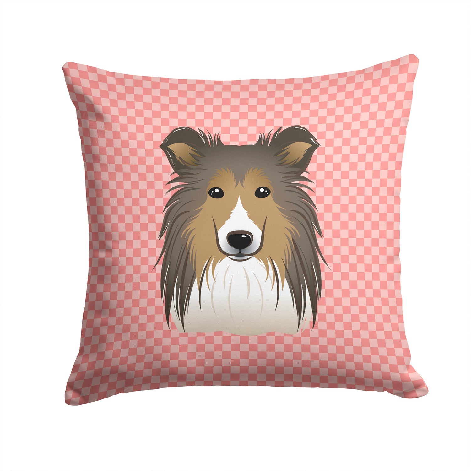 Checkerboard Pink Sheltie Decorative Throw Pillow 14x14 Indoor Outdoor Accent Cushion, Fabric Cover with Insert for Sofa, Bed, Porch & Living Room